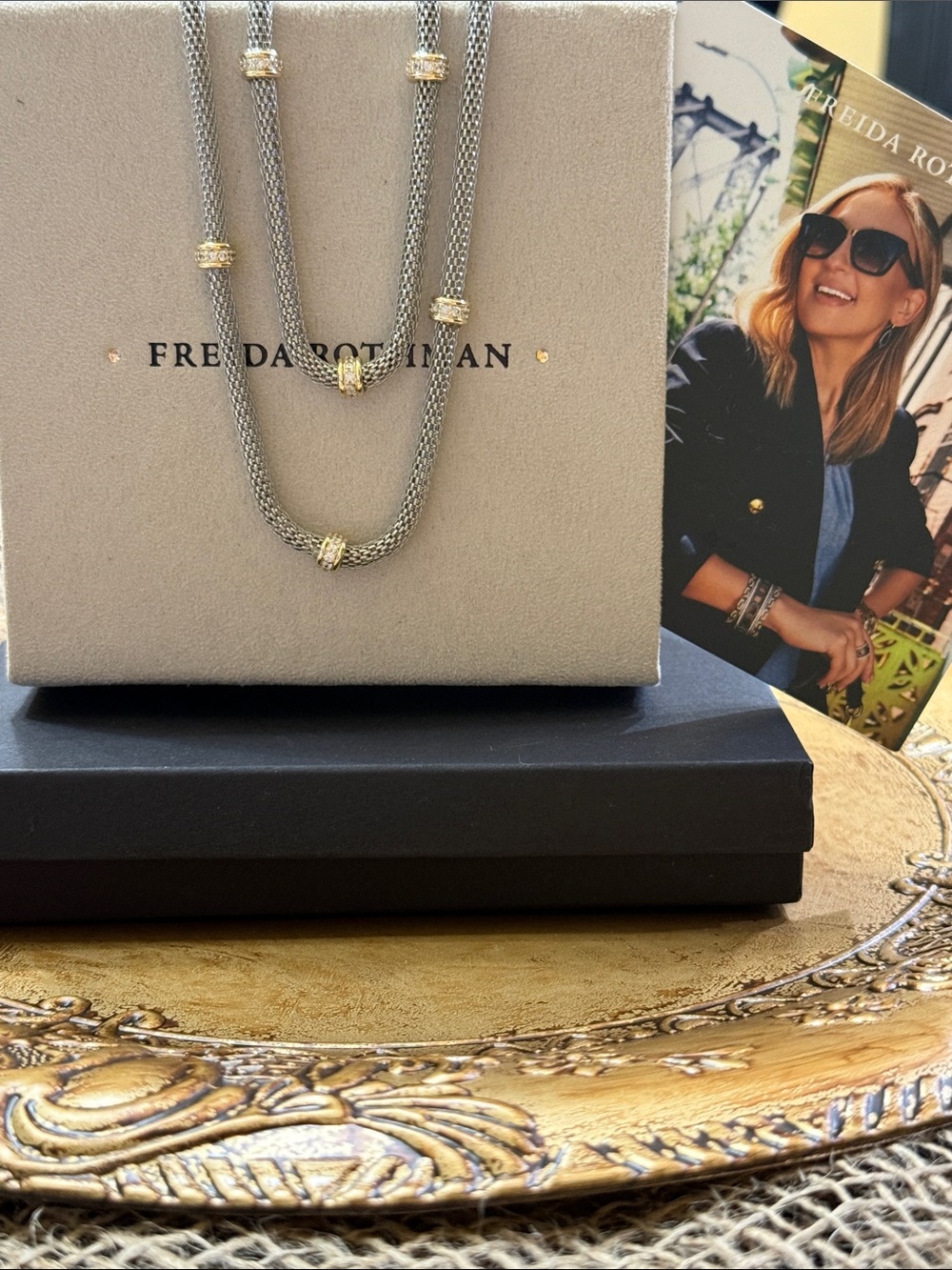 Freida Rothman Vault Two-Tone Mesh Necklace in Silver and Gold